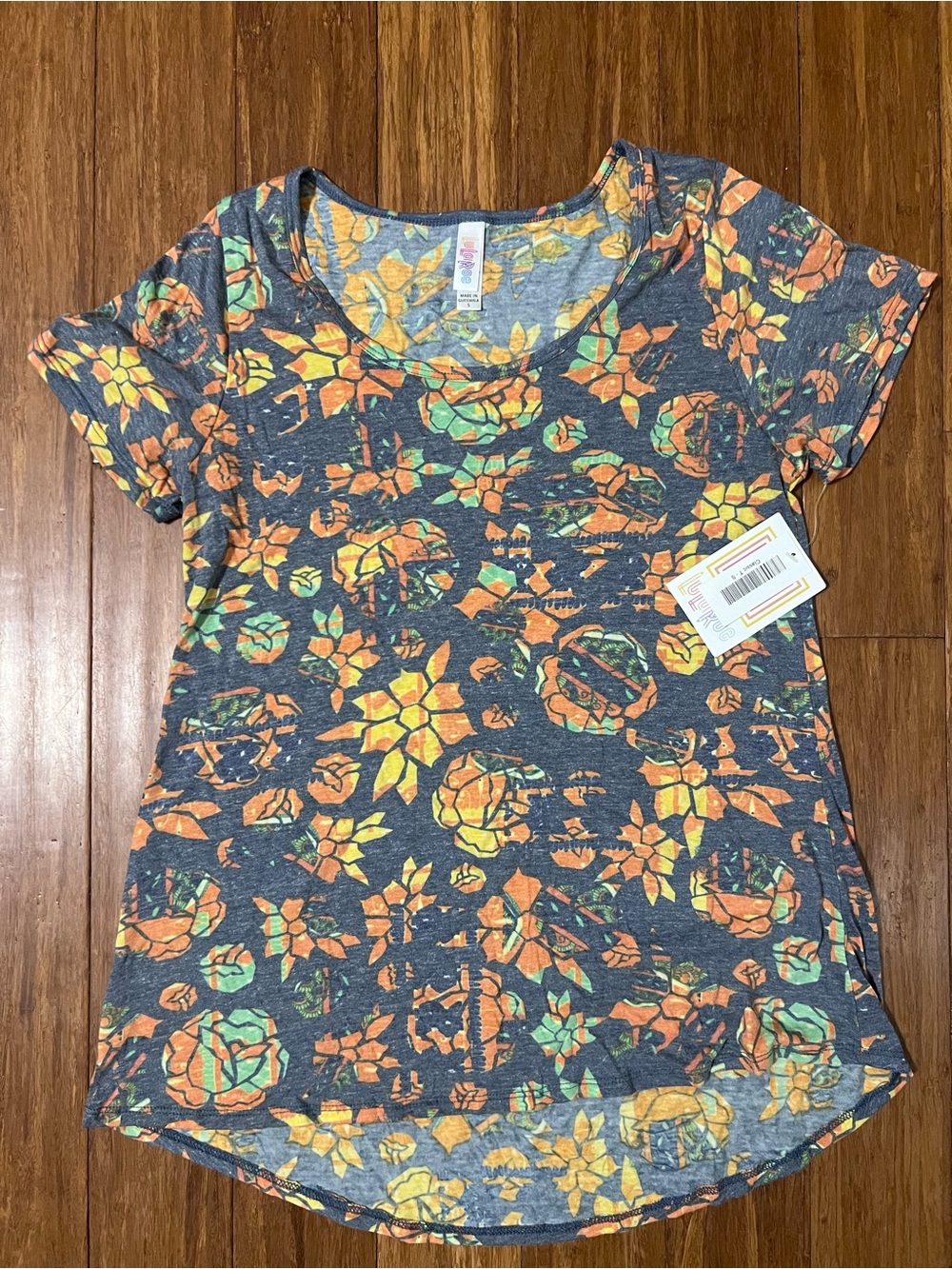 LuLaRoe Classic Tee in Charcoal with Orange & Green Floral Print
